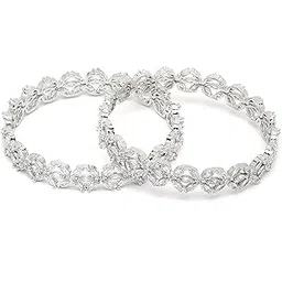 ZENEME Rhodium-Plated Silver Toned White Floral American Diamond studded Bangles Jewellery Set for Girls and Women (Set Of 2) (2.6, Silver)-picture-12