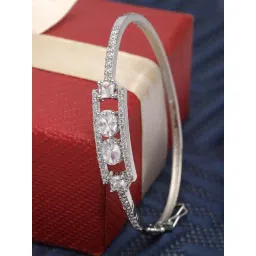 Zeneme Rhodium Plated Silver White American Diamond Kada Bracelet-picture-38