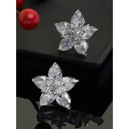 Zeneme Rhodium Plated Silver White Crystal AD Studded Floral Shaped Stud Earrings-picture-25