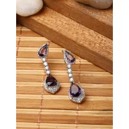 ZENEME Rhodium Plated Teardrop Shaped American Diamond Studded Drop Earrings-picture-29