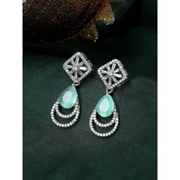 ZENEME Rhodium Plated Teardrop Shaped American Diamond Studded Drop Earrings-picture-28