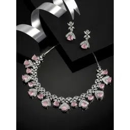 Zeneme Rhodium Plated White Pink AD Studded Jewellery Set-picture-11