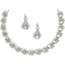 zeneme Rhodium-Plated with Silver-Toned Floral and Pear Design White American Diamond Studded Jewellery Set-picture-20