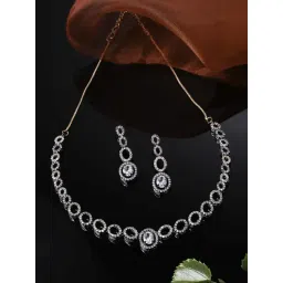 Zeneme Rose Gold Plated American Diamonds Studded Ovate Shaped Jewellery Set-picture-20