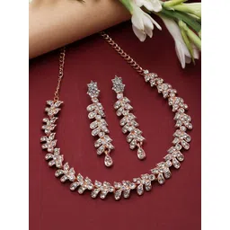 ZENEME Rose Gold Plated Cubic Zirconia Studded Leafy Shaped Jewellery Set-picture-10