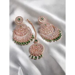 Zeneme Rose Gold Plated Green AD Contemporary Earring & Maang Tikka Set-picture-35