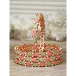 Zeneme Rose Gold Plated Pink & Green CZ Studded Bangles for Women Set of 4-picture-18