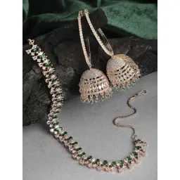 Zeneme Rose Gold Plated White Green AD Studded Jewellery Set-picture-26