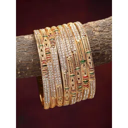 ZENEME Set of 8 Gold-plated Red and Green AD Studded Meenakari Bangles-picture-30