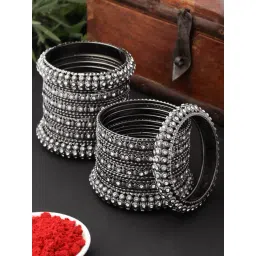 Zeneme Silver Plated Black Tone CZ Stone Studded Broad Bangles for Women Set of 28-picture-40