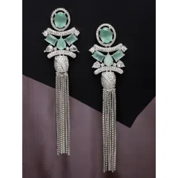 Zeneme Silver Plated Brass Contemporary AD Shoulder Duster Dangler Earrings-picture-17