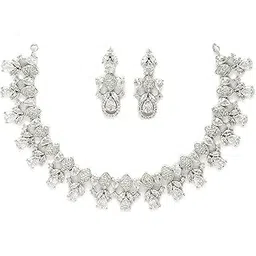 zeneme Silver Plated Brass Luxury Crystal AD Diamond Symphony Link Necklace with Silver Toned Earrings Necklace Set for Women and Girls-picture-12