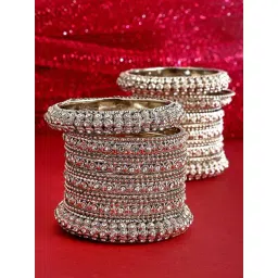 Zeneme Silver Plated Oxidised CZ Stone Studded Broad Bangles for Women Set of 28-picture-21