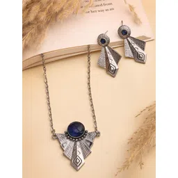 ZENEME Silver-Plated Stone-Studded Oxidised Jewellery Set-picture-33