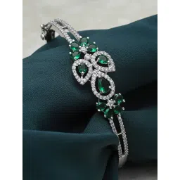Zeneme Silver Toned Rhodium Plated Green American Diamond Floral Openable Bracelet-picture-25