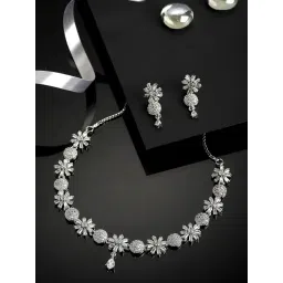 Zeneme Silver Toned White AD Studded Rhodium Plated Jewellery Set-picture-21