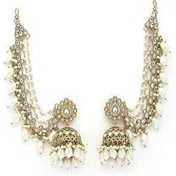 zeneme Traditional Gold Plated White Kundan Pearl Beaded Jhumkas With Multi Layered Ear Chain Earrings for Women & Girls-picture-15