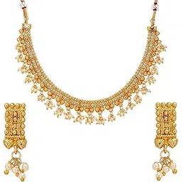 zeneme Traditional Temple Coin Pearl Gold Plated Wedding Jewellery Choker Necklace Set For Women and Girls (Style 2)-picture-32