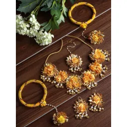 Zeneme Yellow White Pearl Gota Patti Flower Jewellery Set-picture-39
