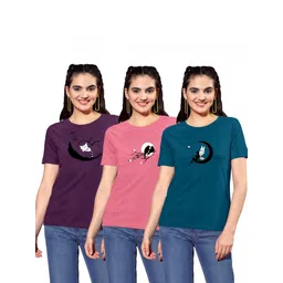 zentworld Pack of 3 Women Printed Round Neck Cotton Blend Multicolor T-Shirt-picture-12