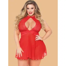 ZERJAMA Plus Size High Neck Keyhole cHalter Neck Baby Doll-image-25