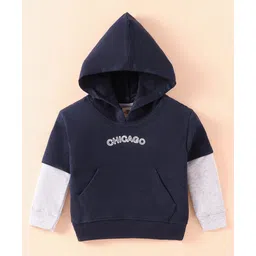 Zero Cotton Knit Full Doctor Sleeves Hooded Sweatshirt with Text Embroidery & Kangaroo Pockets - Navy Blue-picture-19