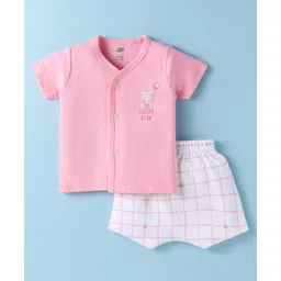 Zero Interlock Knit Half Sleeves Shorts Night Suit with Bear Print & Checks - Peach & White-picture-20