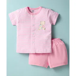 Zero Interlock Knit Half Sleeves Shorts Night Suit With Stripes & Teddy Bear Print - Peach-picture-13