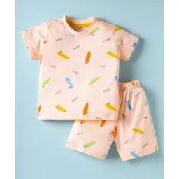 Zero Sinker Knit Half Sleeves Shorts Co-ord Night Suit with Surf Board Print - Peach-picture-10