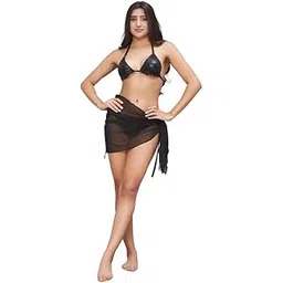 zerokaata Metallic Bikini Set with Sarong | Halter Shiny Bikini Set for Women Beach Wear | 3 Piece Beach Dress for Women | Swimsuit Set for Women-picture-42