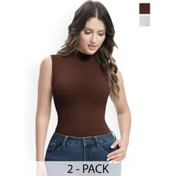 ZEROZABAR Pack Of 2 Seamless High Neck Thong Bodysuits-picture-34