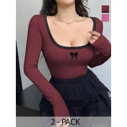 ZEROZABAR Women Pack Of 2 Ribbed Scoop Neck Fitted Top-picture-30