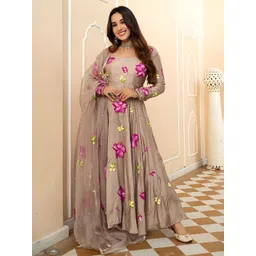 zestleaf Women Floral Print Cotton Rayon Anarkali Kurta With Attached Dupatta-picture-50