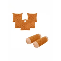 ZESTURE Beige & Gold Toned 7 Pcs Velvet Square Cushion Covers With Bolsters Cover-picture-34