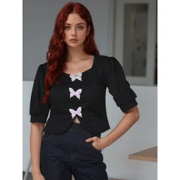 ZEUGEN Women Puff Sleeve Applique Crop Top-picture-26