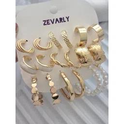 Zevarly Set Of 9 Gold Plated Artificial Beaded Anti-Tarnish Hoop Earrings-picture-16