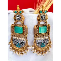 Zeviel Gold-Plated Artificial Stones Studded & Beaded Contemporary Antique Drop Earrings-picture-21