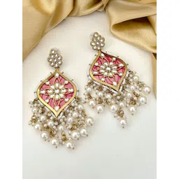 Zeviel Gold-Plated Kundan Studded & Pearls Beaded Floral Drop Earrings-picture-41