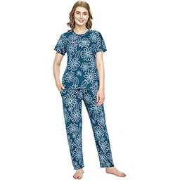 zeyo Night Suit for Women's Floral Printed Cotton Night Dress of Top and Pajama Set 5778 image 1