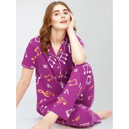 Zeyo Conversational Printed Lapel Collar Pure Cotton Night suit-picture-25