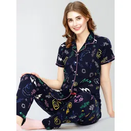 Zeyo Conversational Printed Lapel Collar Pure Cotton Night suit-picture-23