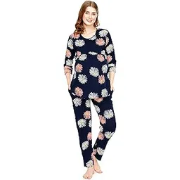zeyo Cotton Blend Women's Cotton Floral Printed Nursing & Maternity Night Suit Set Of Top & Relaxed Pyjama Feeding Night Dress 5804-picture-32