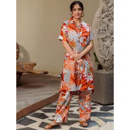 Zeyo Floral Printed Shirt Collar Short Sleeves Top With Trouser-picture-32