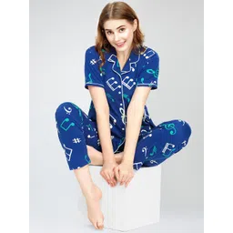 Zeyo Lapel Collar Conversational Printed Pure Cotton Night suit-picture-10