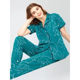 Zeyo Lapel Collar Printed Pure Cotton Night suit-picture-11