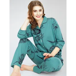 Zeyo Lapel Collar Printed Pure Cotton Night suit-picture-12
