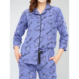 Zeyo Lapel Collar Typography Printed Pure Cotton Night suit image 2