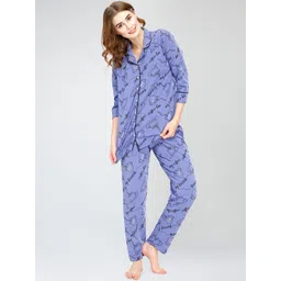 Zeyo Lapel Collar Typography Printed Pure Cotton Night suit image 5