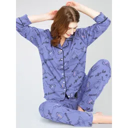 Zeyo Lapel Collar Typography Printed Pure Cotton Night suit image 1