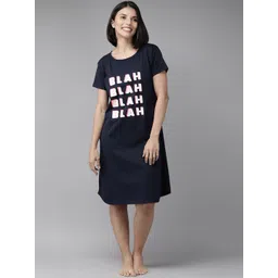 Zeyo Navy Blue & Off White Printed Cotton Nightdress-picture-17